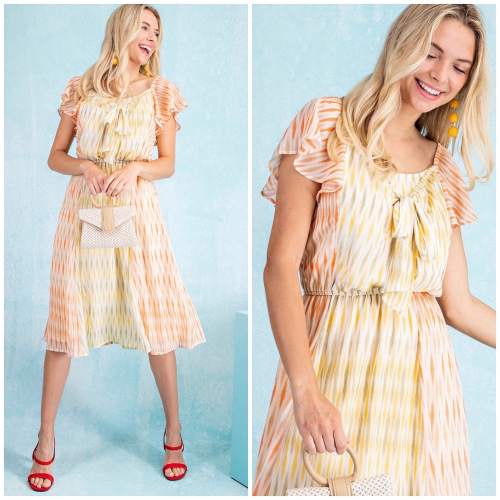 KORI Feminine Chic Yellow Tangerine Mixed Print Flowy Midi Dress